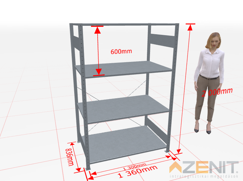 Kapcsolható polcos állvány alapmező MULTIplus típus, 1300×800 mm polcokkal, 2000 mm magas 4 polcos horganyzott 